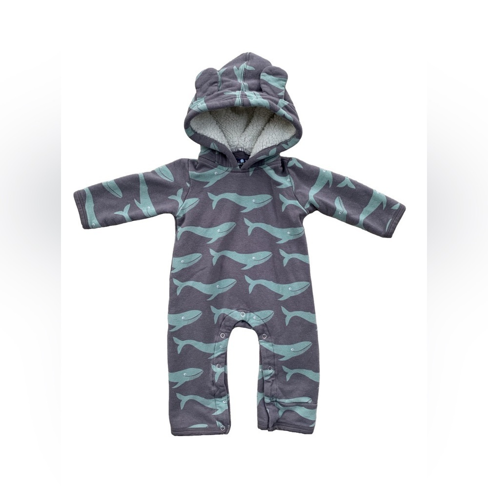 Kickee Pants Size 3-6 Months Bamboo Whale Print Sherpa Hooded Coverall Romper
